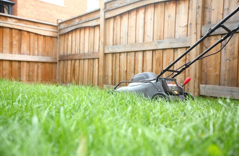 This is a photo of a lawn mowing completing a quick mow in the back yard at bungalow. 